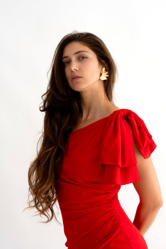 Rochie elegantă lungă cu slit și fundă, pe un umăr – Eleonora Rose Bow (AT1)