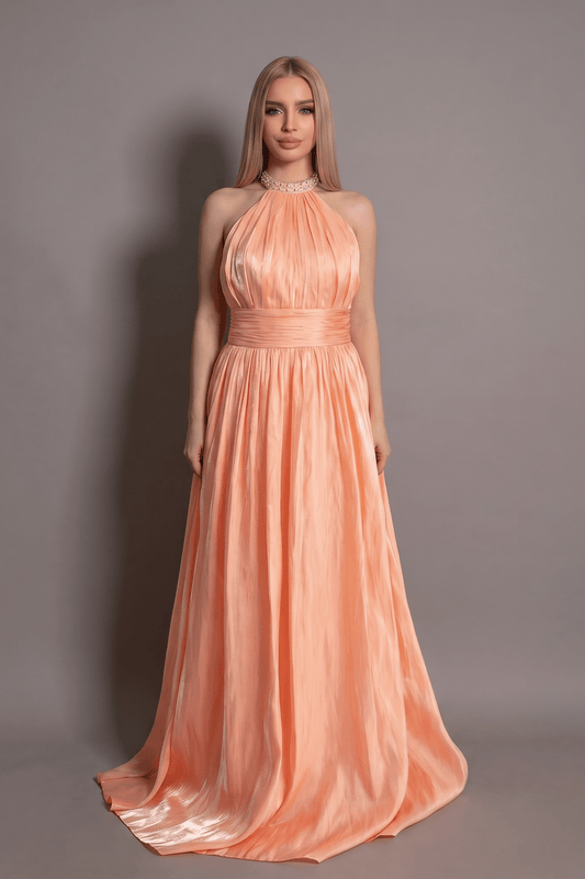 Rochie roz somon lungă Celeste Glow halter neck cu strasuri Eleonora Luxe - imagine 1