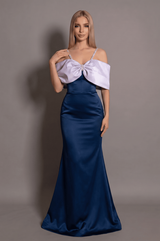 Rochie albastră lungă Eleonora Bow cu bretele strălucitoare și fundă maxi Eleonora Luxe - imagine 2