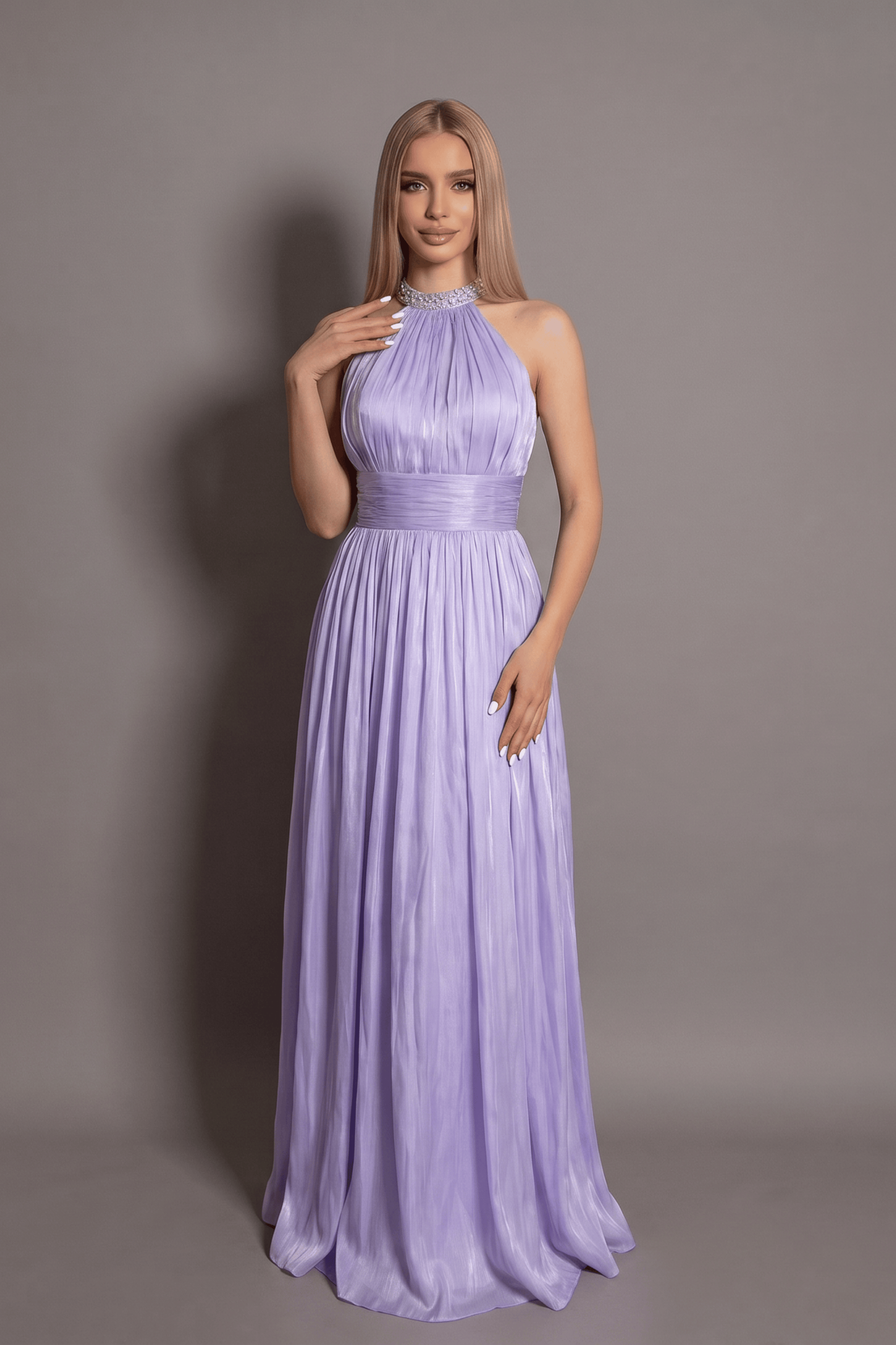Rochie liliac lungă Celeste Glow halter neck cu strasuri Eleonora Luxe - imagine 1