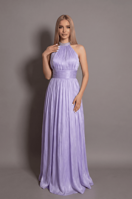 Rochie liliac lungă Celeste Glow halter neck cu strasuri Eleonora Luxe - imagine 1