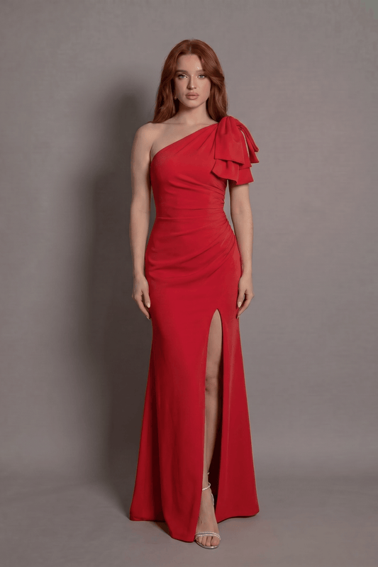 Rochie lungă Eleonora Rose Bow cu șliț și fundă pe un umăr Eleonora Luxe - imagine 1