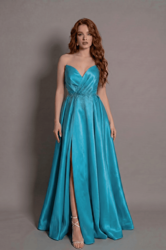 Rochie baby blue lungă Aurora Glow cu umeri goi și croi prințesă Eleonora Luxe - imagine 1