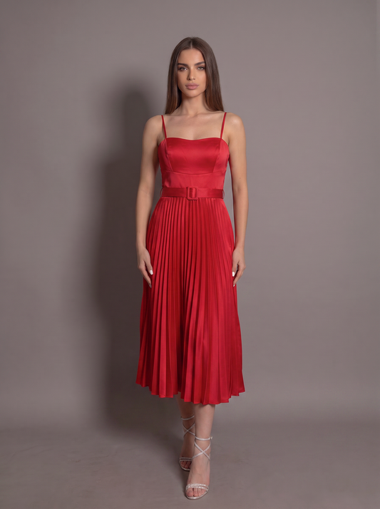 Rochie Valentina Red | Rochie Midi Roșie Plisată din Satin cu Curea